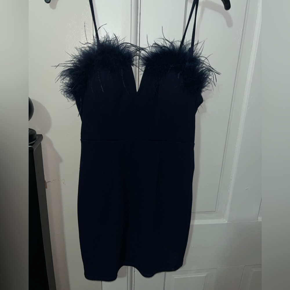 Midnight Blue Dress with Feather Detail
